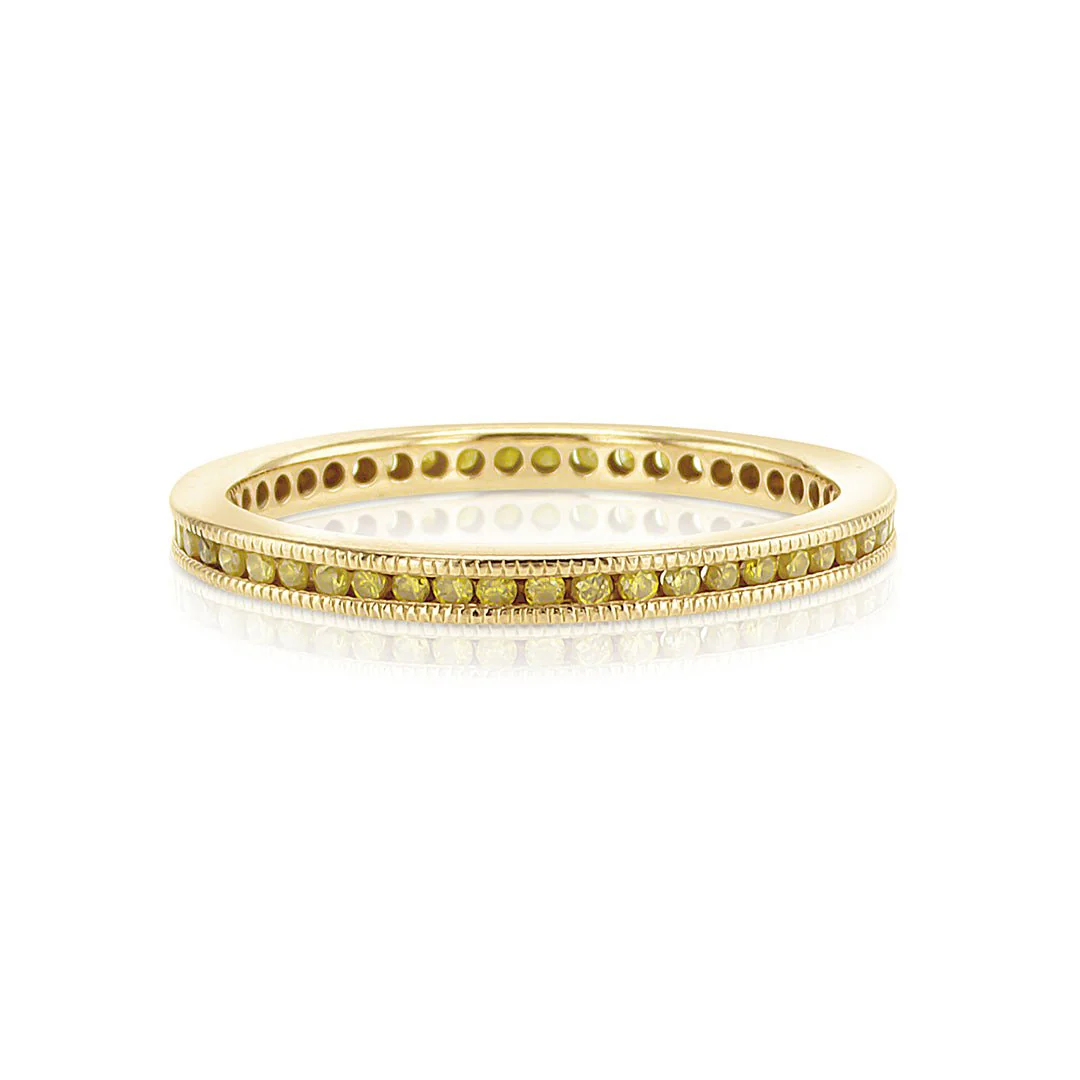 Fancy Yellow Diamond Channel Set Milgrain eternity Band in 14K Yellow Gold