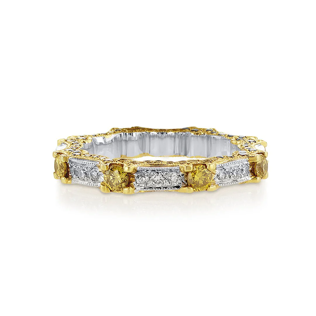 1.54 CT Round Diamond and Fancy Yellow Milgrain 18K Two Tone Gold Eternity Band