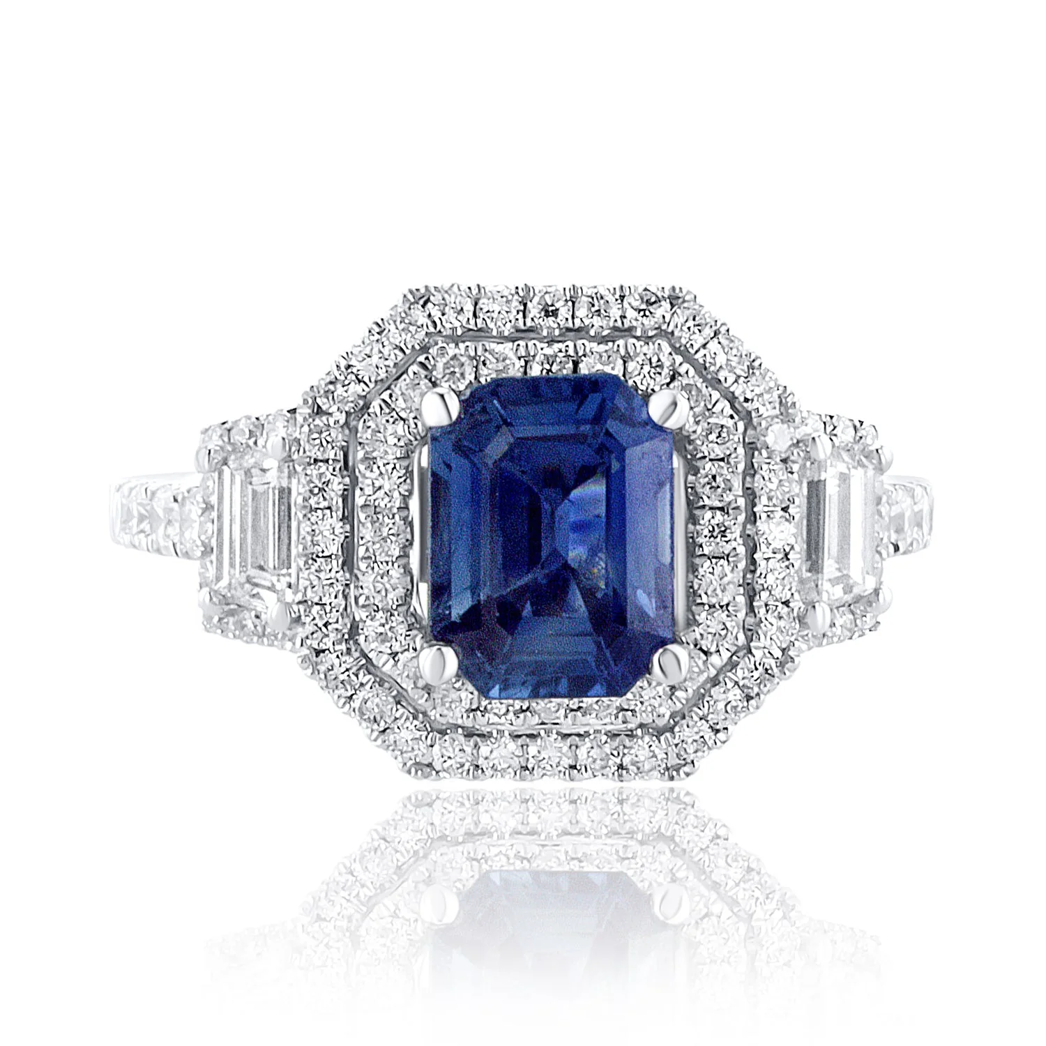 1.70 Carat Emerald Cut Natural Sapphire & Diamond Ring in 18K White Gold - Image 3