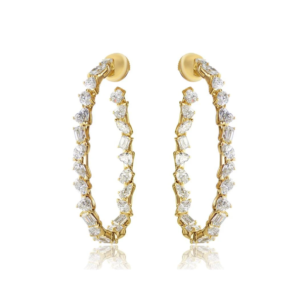 8.68 Carat Natural Diamond Mixed Shape Fancy Hoop Earring in 18K Yellow Gold