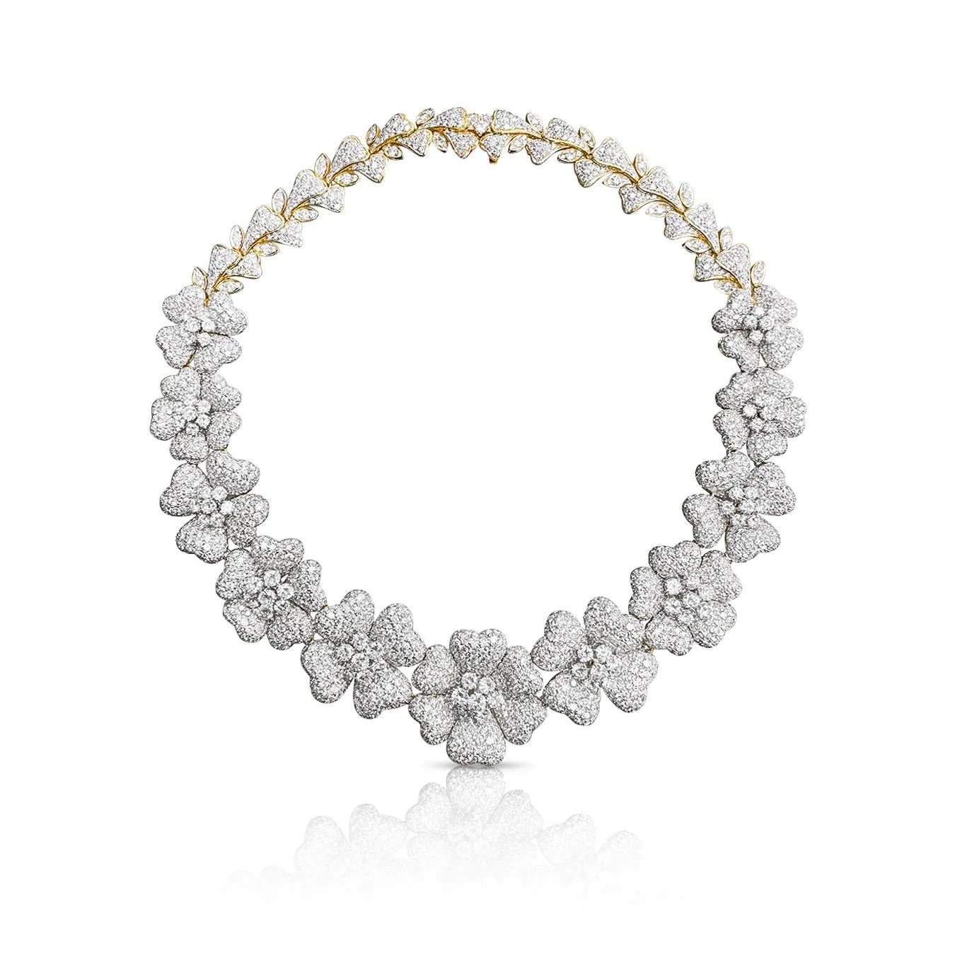 52.77 Cttw Diamond Flower Necklace and 9.23 Cttw Dangle Earring 18K Two Tone Gold Estate Set