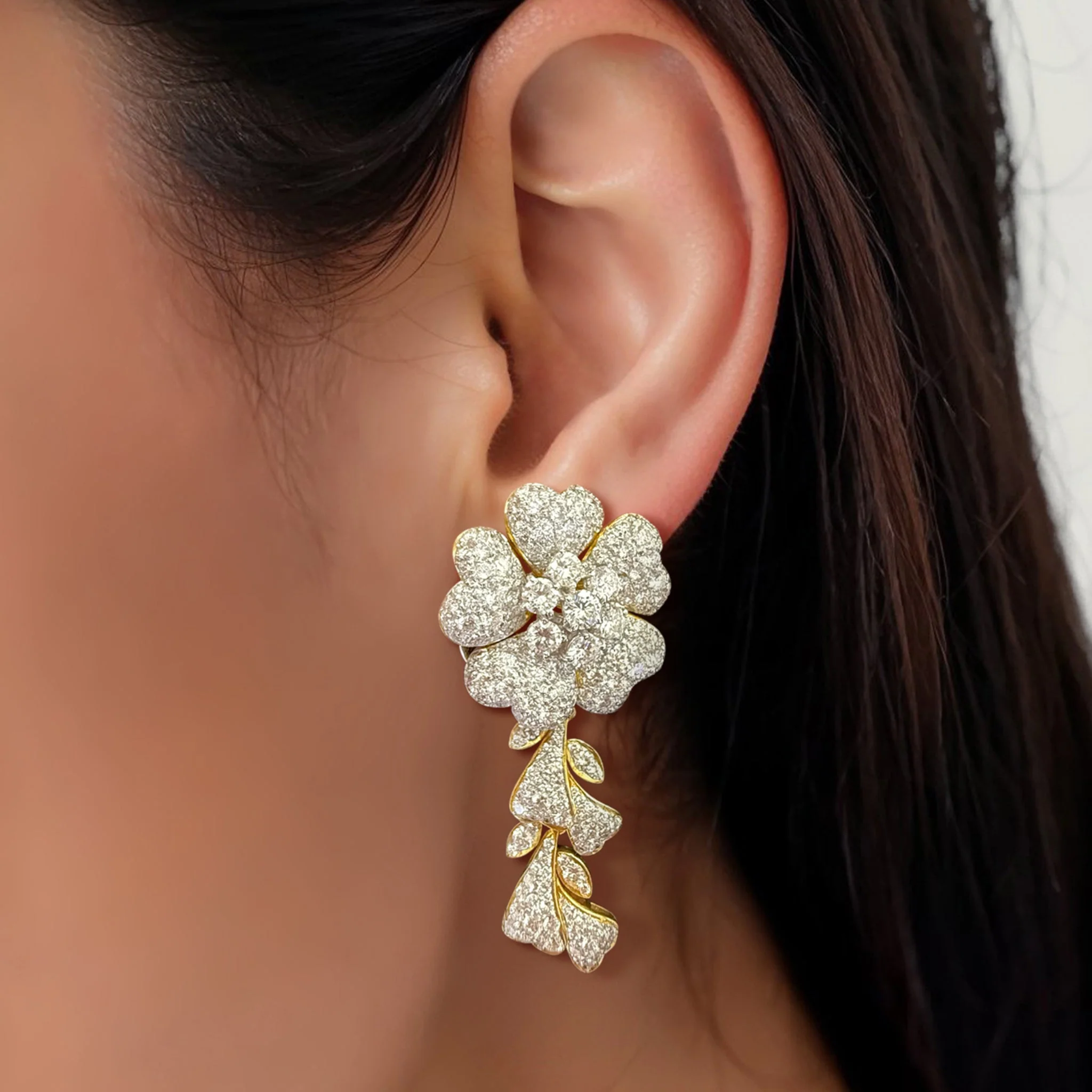 52.77 Cttw Diamond Flower Necklace and 9.23 Cttw Dangle Earring 18K Two Tone Gold Estate Set - Image 2
