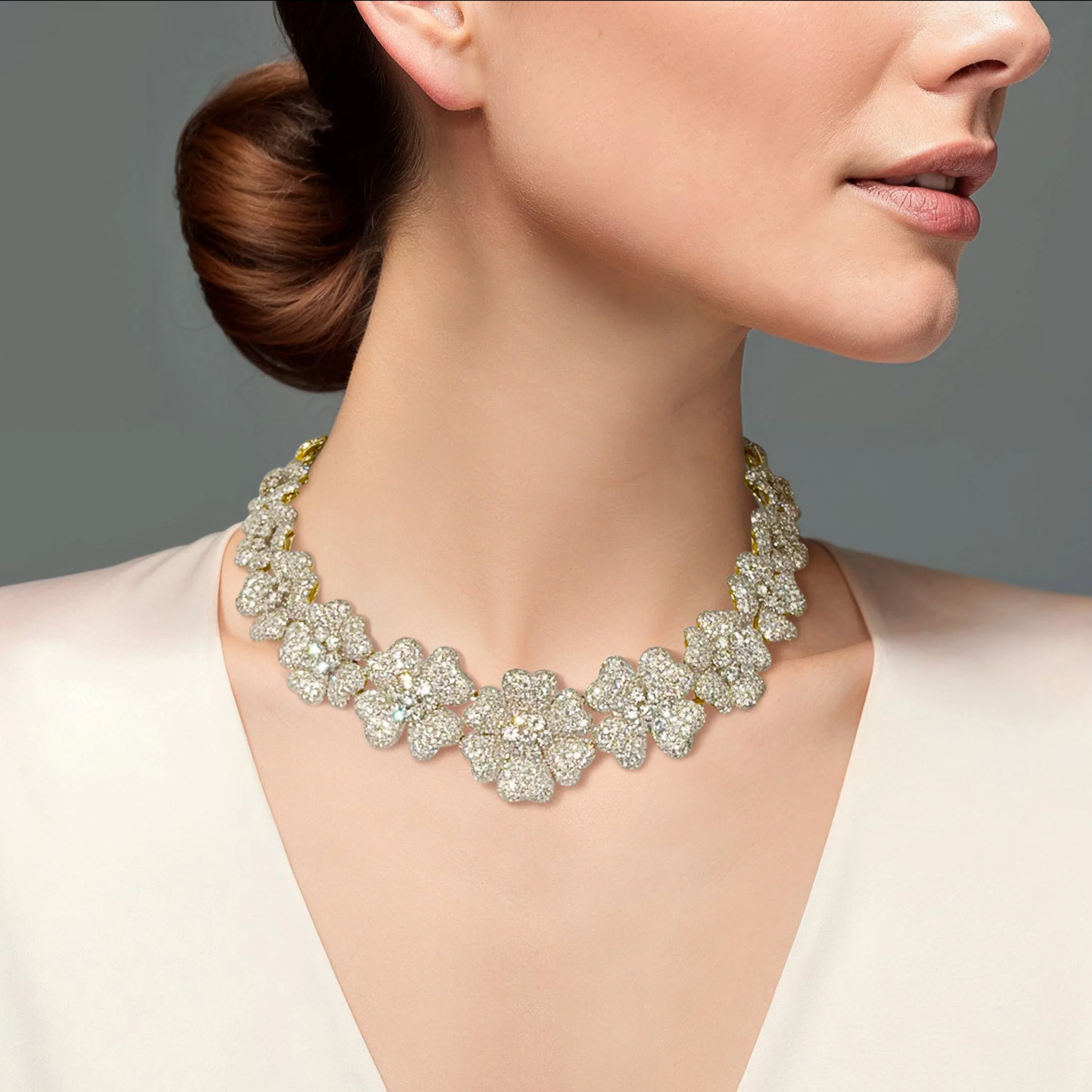 52.77 Cttw Diamond Flower Necklace and 9.23 Cttw Dangle Earring 18K Two Tone Gold Estate Set - Image 3